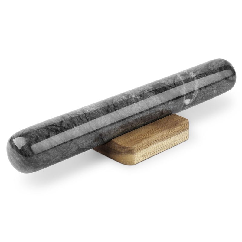 Flexzion Dowel Rolling Pin, 11-inch Black Marble with Wooden Holder Base Stand, Marble Rolling Pin for Baking Pastry Pizza Dough Roller Fondant Cookie Pie Crust Pasta Bakery Roller Pin - Image 1